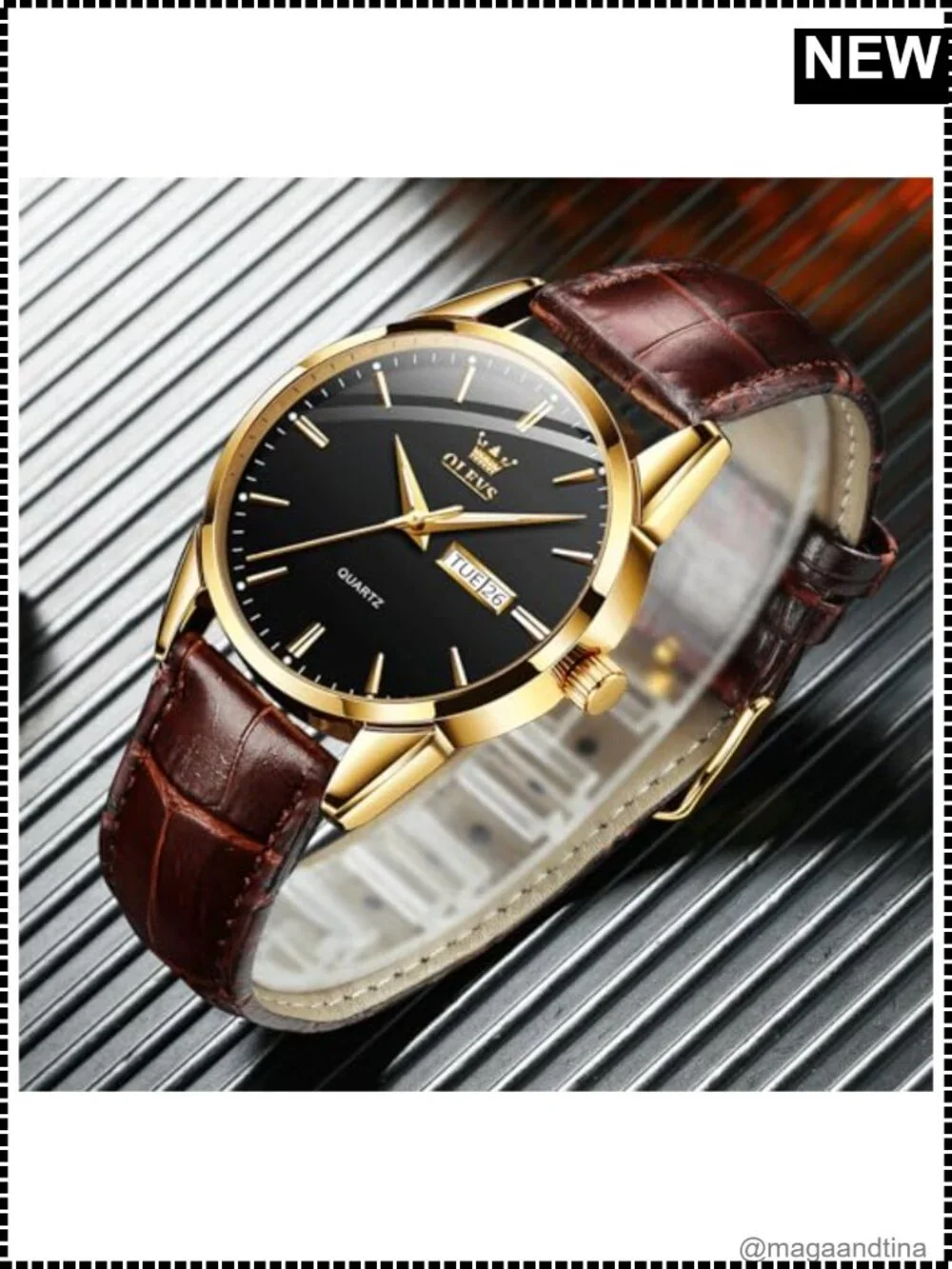 Men's Leather Stainless Steel Watch Day Date Waterproof Luminous Quartz